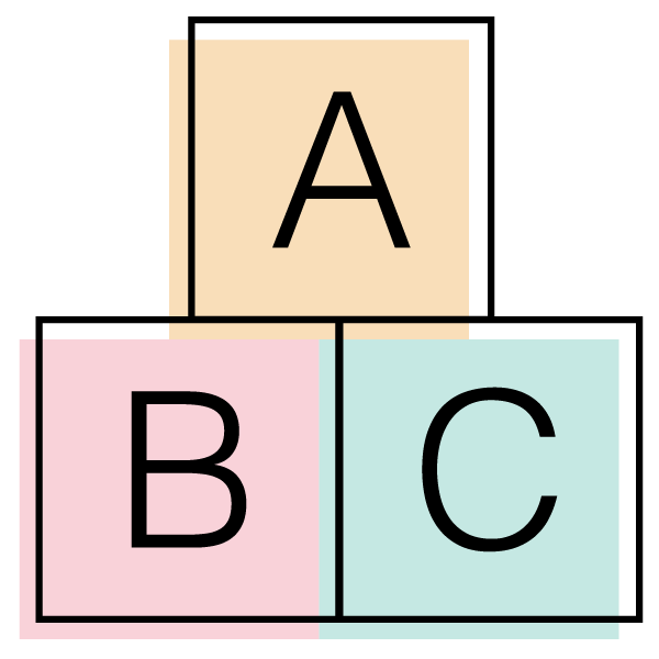 A line icon of building blocks stacked making a pyramid. A yellow block on the top with the letter A. A red block with the letter B on the bottom left. And a green block with the letter C on the right.