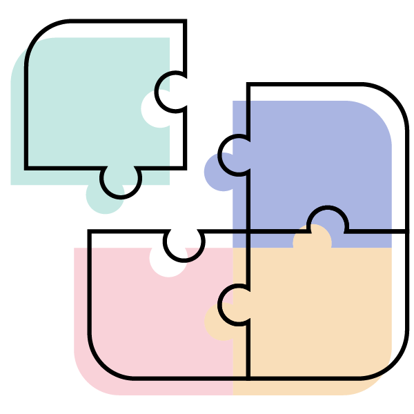 A line icon of 4 puzzle pieces coming together. The puzzle pieces are green blue red and yellow.